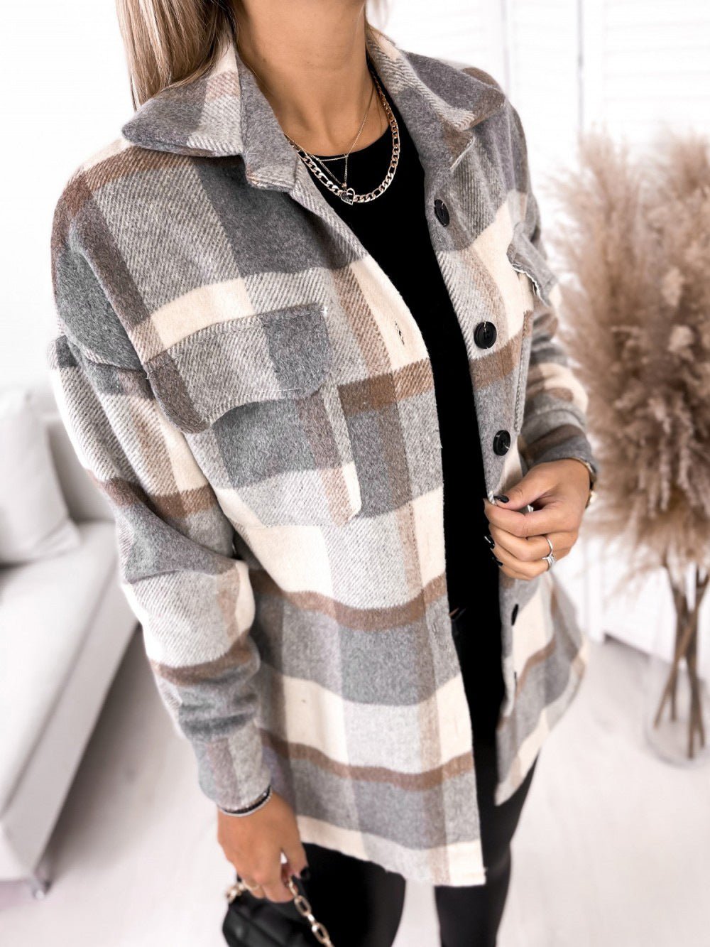 Long-sleeved Single-breasted Plaid Print Shirt Collar Woolen Jacket - Shirts -  Trend Goods