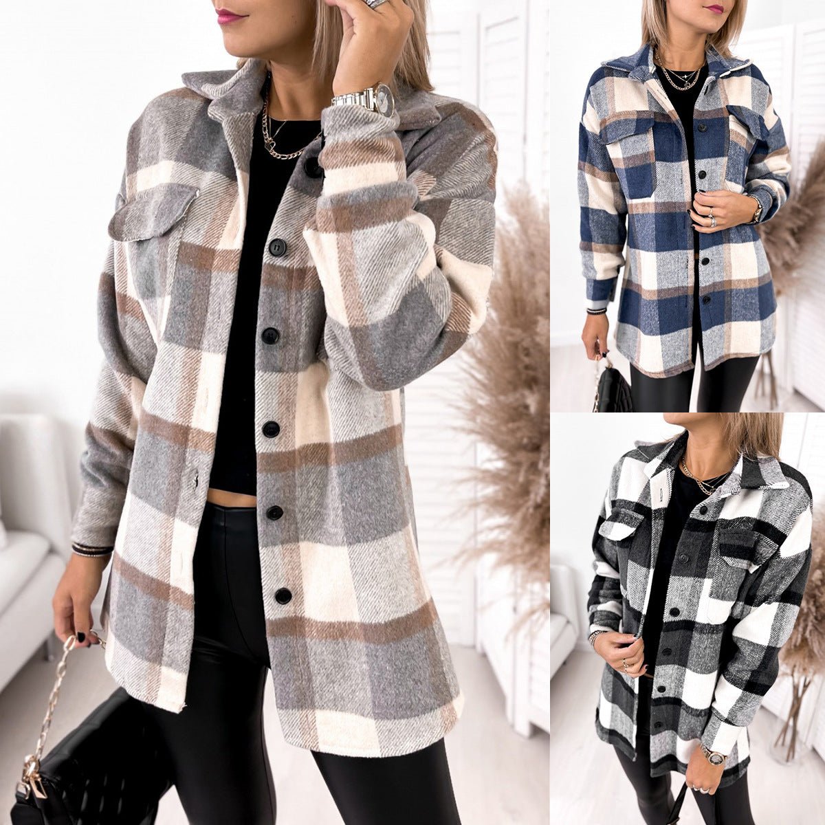 Long-sleeved Single-breasted Plaid Print Shirt Collar Woolen Jacket - Shirts -  Trend Goods