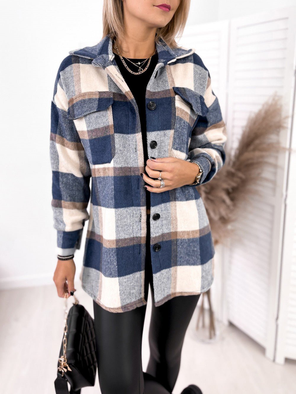 Long-sleeved Single-breasted Plaid Print Shirt Collar Woolen Jacket - Shirts -  Trend Goods