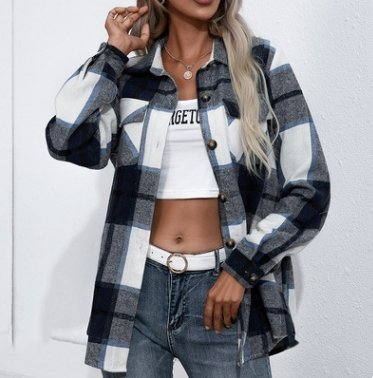 Long-sleeved Thick Cashmere Plaid Top Loose Casual Shirt Jacket - Shirts -  Trend Goods