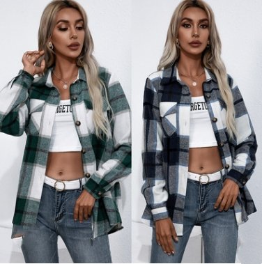 Long-sleeved Thick Cashmere Plaid Top Loose Casual Shirt Jacket - Shirts -  Trend Goods