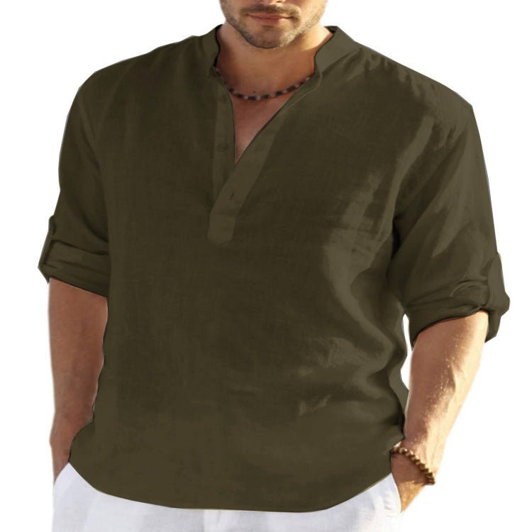 Men's Casual Cotton Solid Color Long Sleeve Shirt Loose Stand Collar - Shirts -  Trend Goods