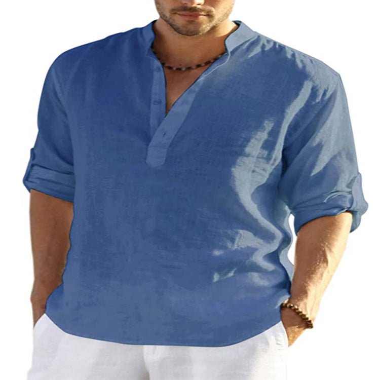 Men's Casual Cotton Solid Color Long Sleeve Shirt Loose Stand Collar - Shirts -  Trend Goods