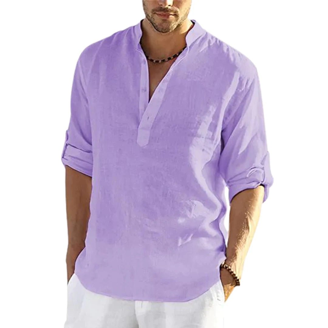 Men's Casual Cotton Solid Color Long Sleeve Shirt Loose Stand Collar - Shirts -  Trend Goods