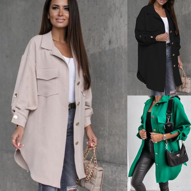Mid-Length Shirt Jacket With Sleeve-Pull Button Decoration - Coats -  Trend Goods