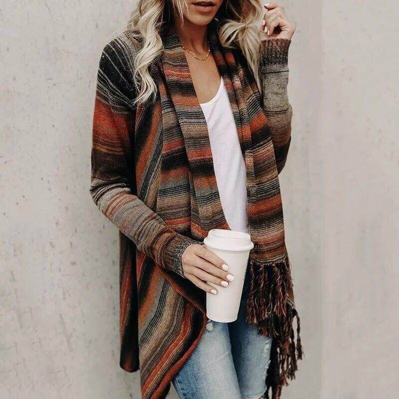 Mid-length slim fashion tassel striped jacket sweater - Cardigans -  Trend Goods