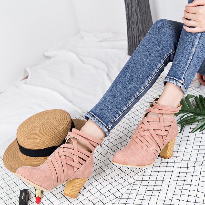 New Pointed Thick Heel Hollow Short Boots - Boots -  Trend Goods