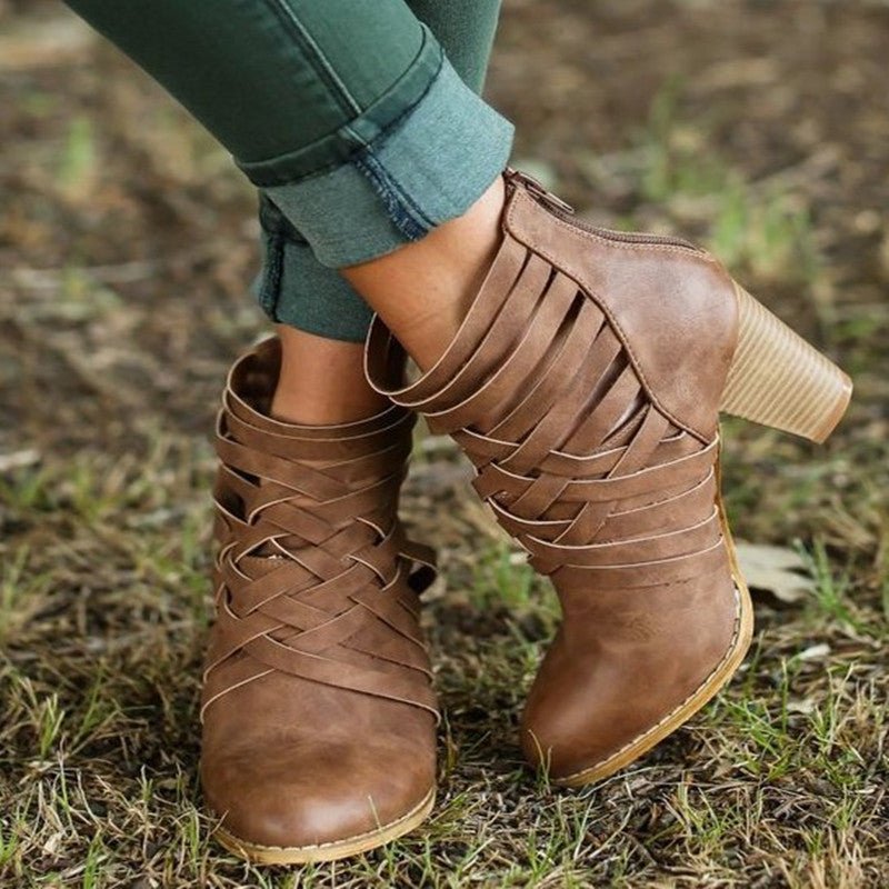 New Pointed Thick Heel Hollow Short Boots - Boots -  Trend Goods