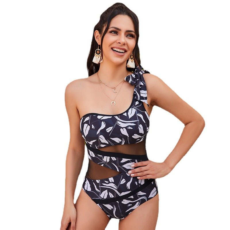 One Shoulder One-piece Swimsuit Women's Bow Yarn - Swimwear -  Trend Goods