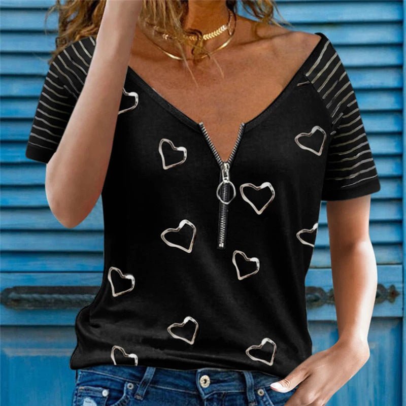 Printed V-Neck Zipper Casual Short-Sleeved Top T-Shirt - Blouse -  Trend Goods