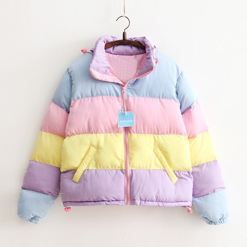 Rainbow contrast color loose padded coat jacket - Jackets -  Trend Goods