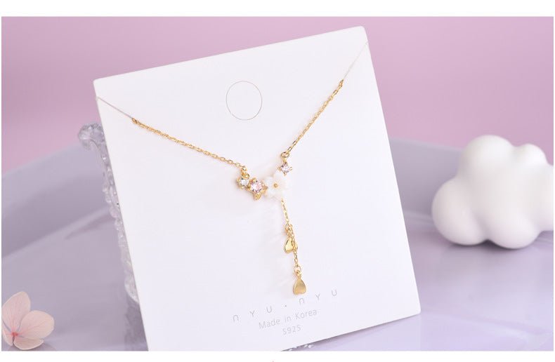 S925 Silver Light Luxury Temperament Shell Flower Necklace Tassel Diamond Clavicle Chain - Necklaces -  Trend Goods