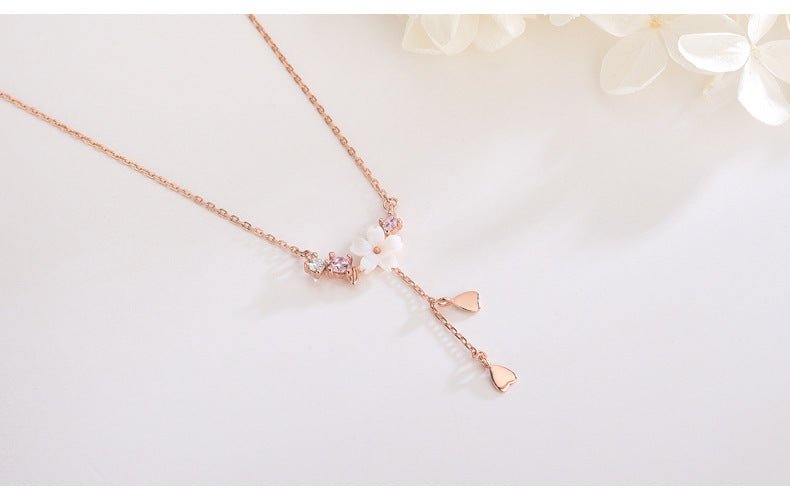 S925 Silver Light Luxury Temperament Shell Flower Necklace Tassel Diamond Clavicle Chain - Necklaces -  Trend Goods