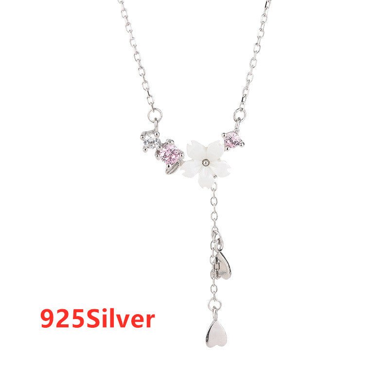 S925 Silver Light Luxury Temperament Shell Flower Necklace Tassel Diamond Clavicle Chain - Necklaces -  Trend Goods