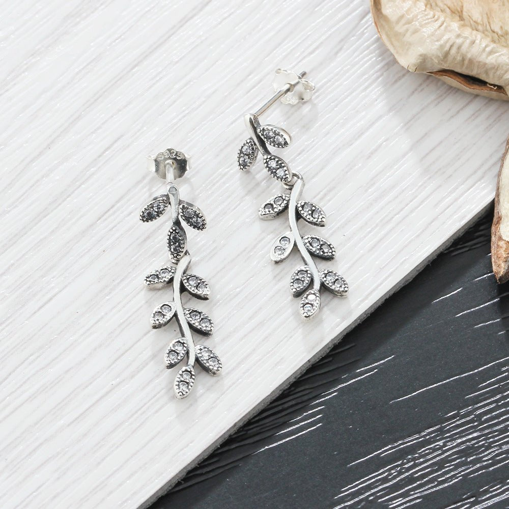 S925 sterling silver jewelry leaves retro old earrings diamond earrings - Earrings -  Trend Goods
