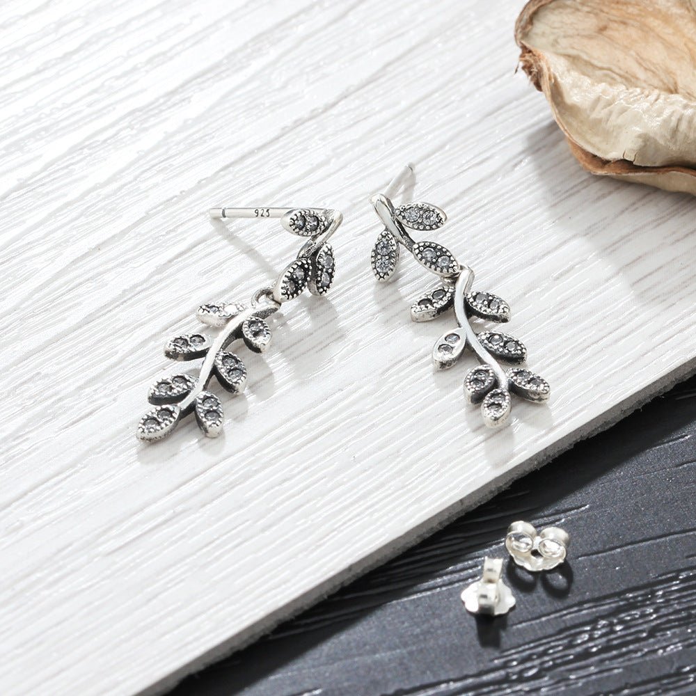 S925 sterling silver jewelry leaves retro old earrings diamond earrings - Earrings -  Trend Goods