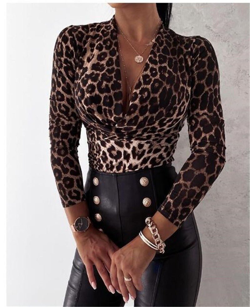 Long Sleeve V-neck Leopard Print Ladies Blouse - Blouse -  Trend Goods