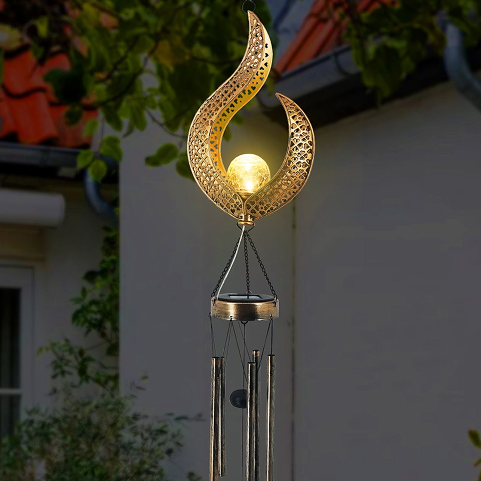 Solar Wrought Iron Wind Chime Lamp Hollow Flame Sun Moon Lamp Garden Flame Suspension - Lighting -  Trend Goods