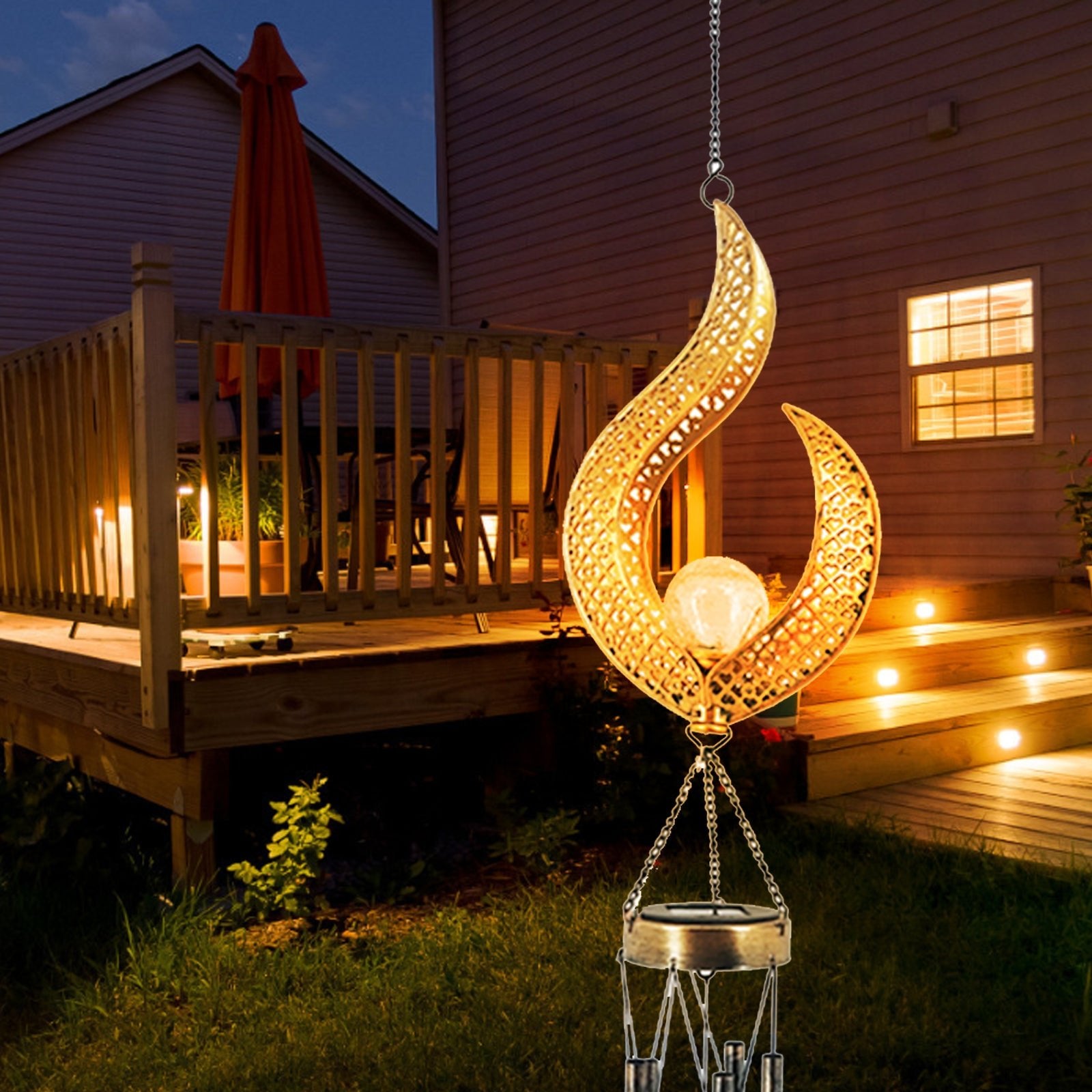 Solar Wrought Iron Wind Chime Lamp Hollow Flame Sun Moon Lamp Garden Flame Suspension - Lighting -  Trend Goods