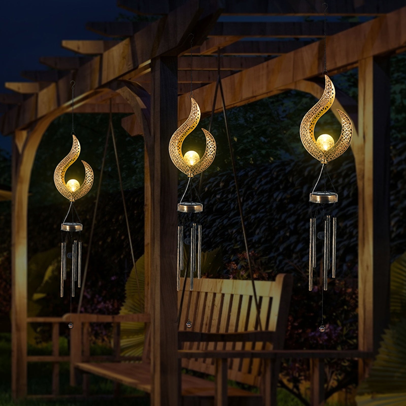 Solar Wrought Iron Wind Chime Lamp Hollow Flame Sun Moon Lamp Garden Flame Suspension - Lighting -  Trend Goods