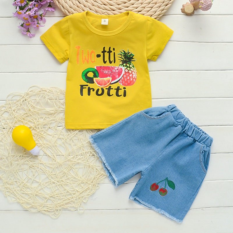 Summer New Girls Fruit Print Casual Short-sleeved T-shirt Two-piece Suit - Clothing Sets -  Trend Goods