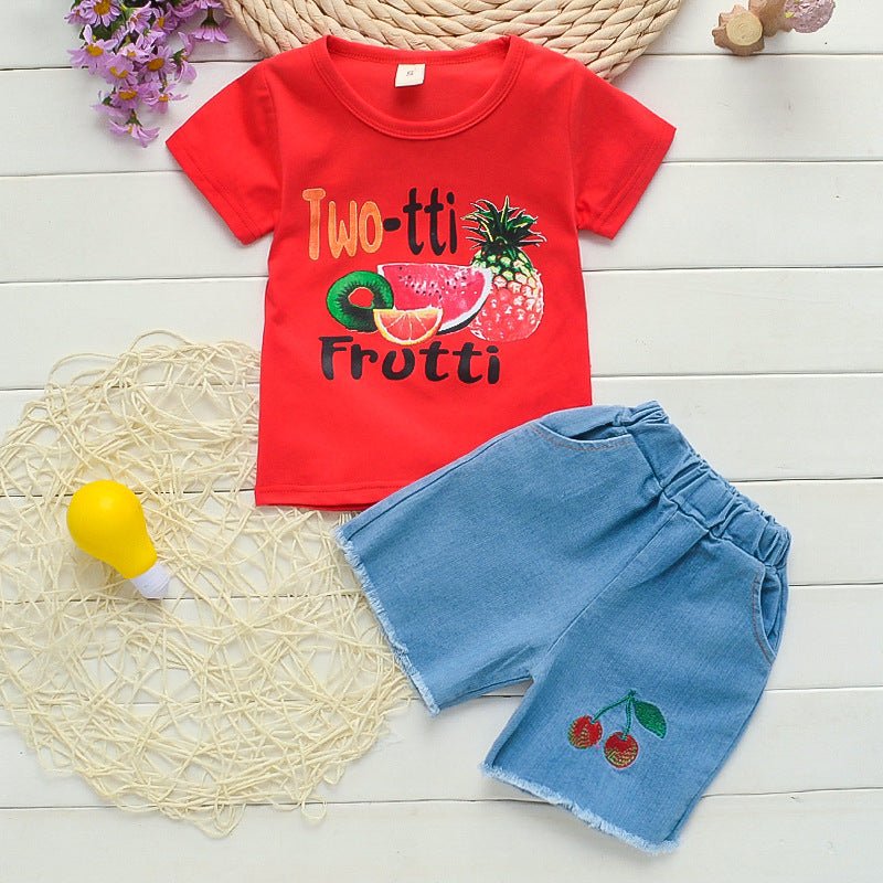 Summer New Girls Fruit Print Casual Short-sleeved T-shirt Two-piece Suit - Clothing Sets -  Trend Goods