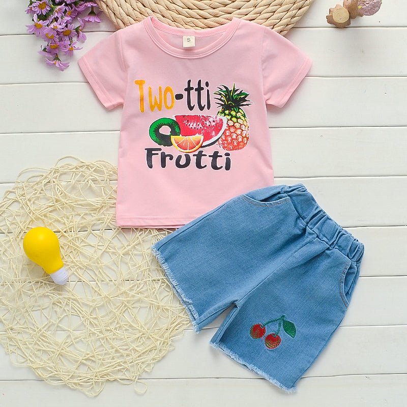 Summer New Girls Fruit Print Casual Short-sleeved T-shirt Two-piece Suit - Clothing Sets -  Trend Goods