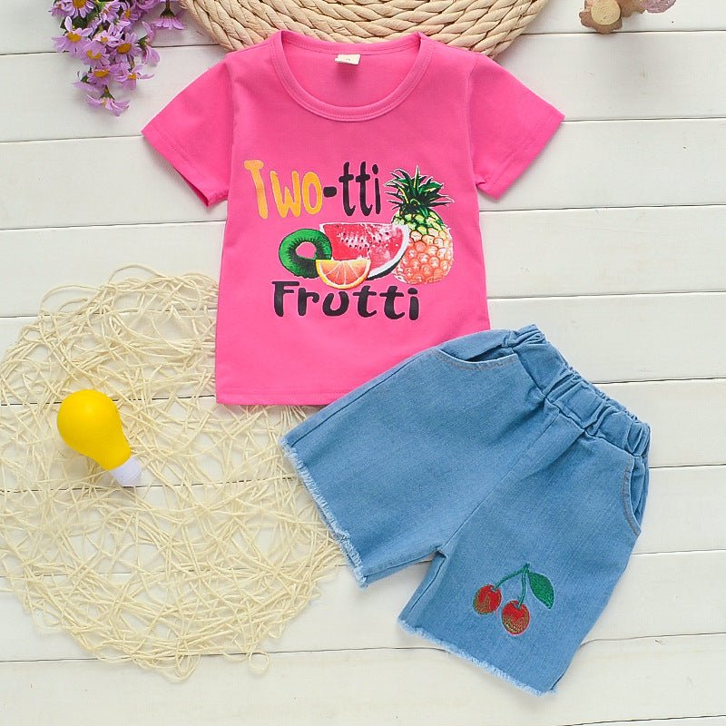 Summer New Girls Fruit Print Casual Short-sleeved T-shirt Two-piece Suit - Clothing Sets -  Trend Goods