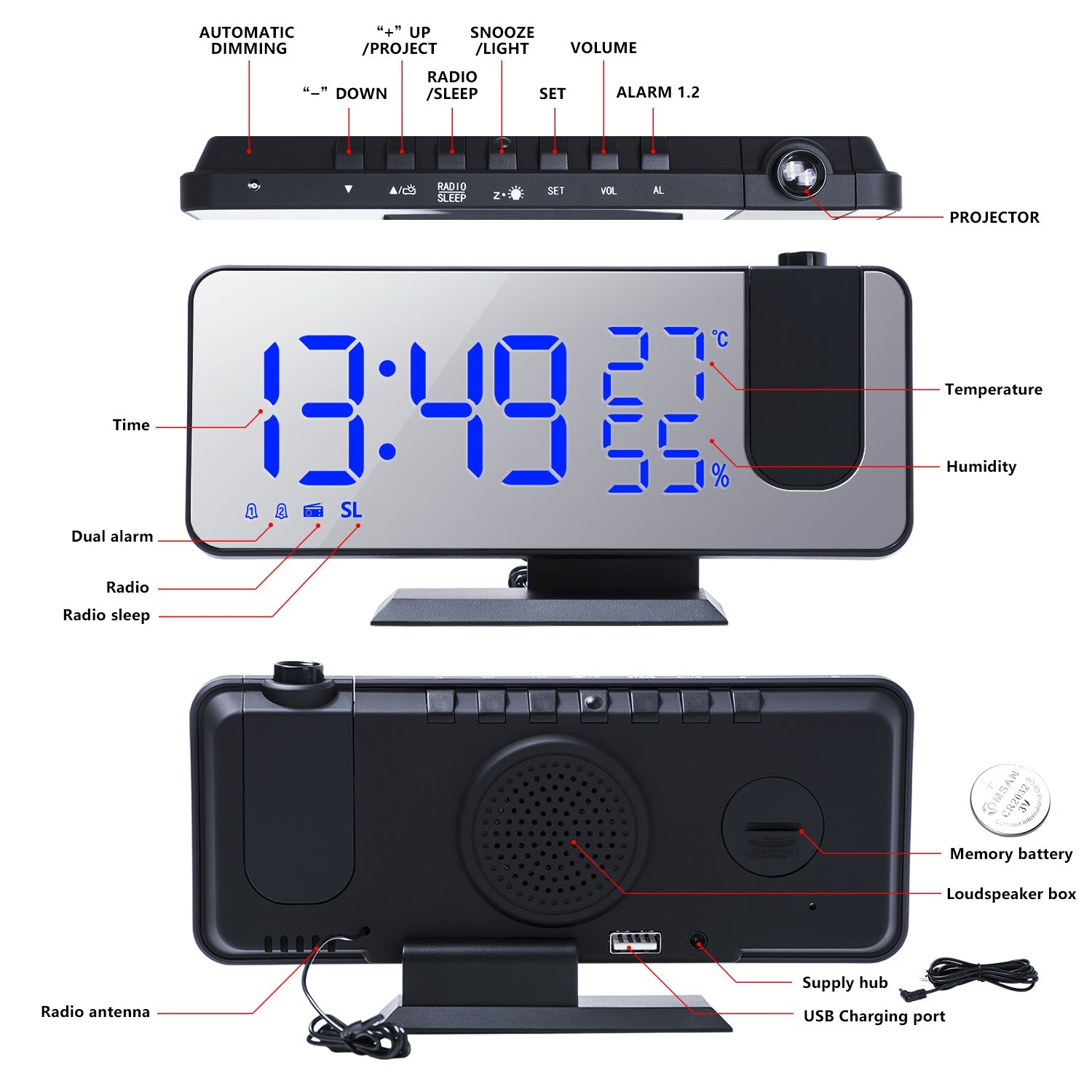 The New Temperature And Humidity Multifunctional Radio Projection Creative LED Mirror Clock - Alarm Clocks -  Trend Goods