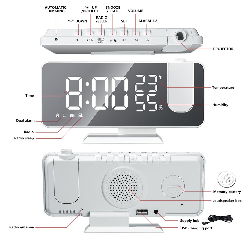 The New Temperature And Humidity Multifunctional Radio Projection Creative LED Mirror Clock - Alarm Clocks -  Trend Goods