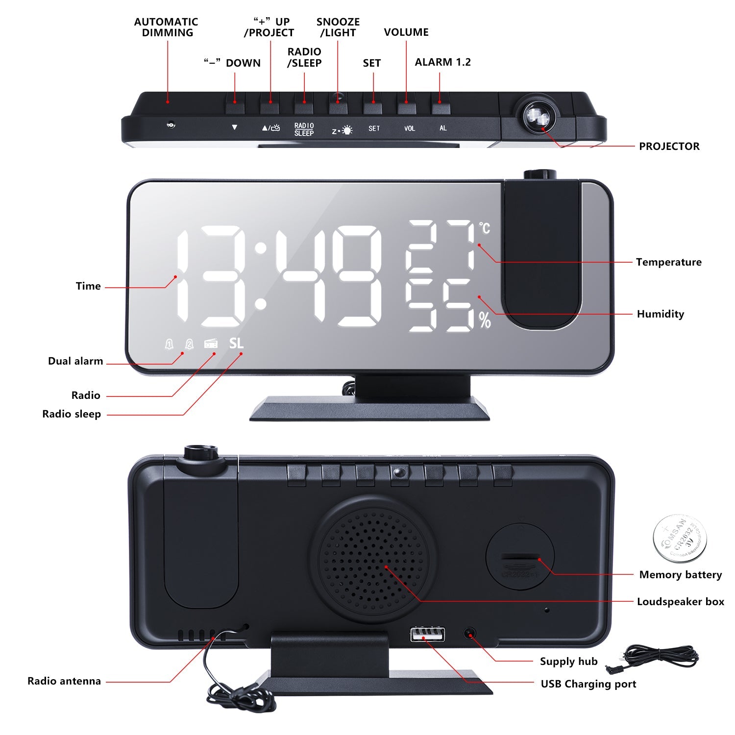 The New Temperature And Humidity Multifunctional Radio Projection Creative LED Mirror Clock - Alarm Clocks -  Trend Goods