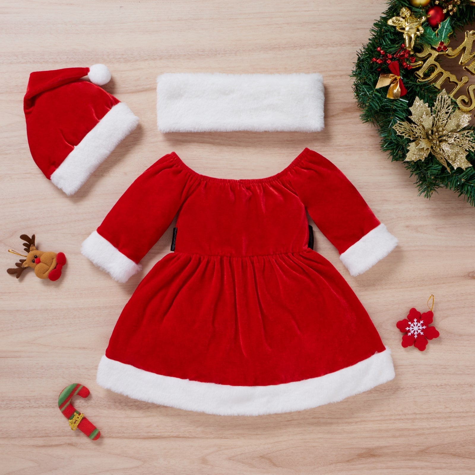 Toddler Baby Girls Christmas Clothes Set Dress Hat  Scarf - Baby Dresses -  Trend Goods