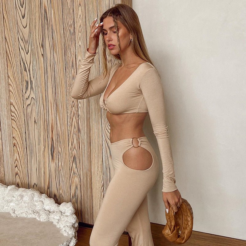 V-Neck Solid Color Short Long Sleeve Top High Waist Hollow Leggings Two Piece Set - Clothing Sets -  Trend Goods