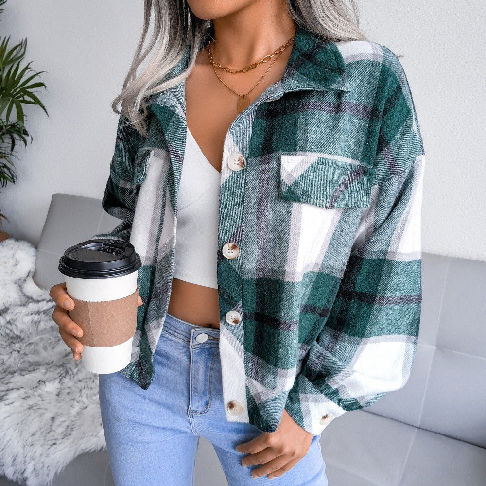 Women's Long Sleeve Plaid Shirt Jacket - Shirts -  Trend Goods