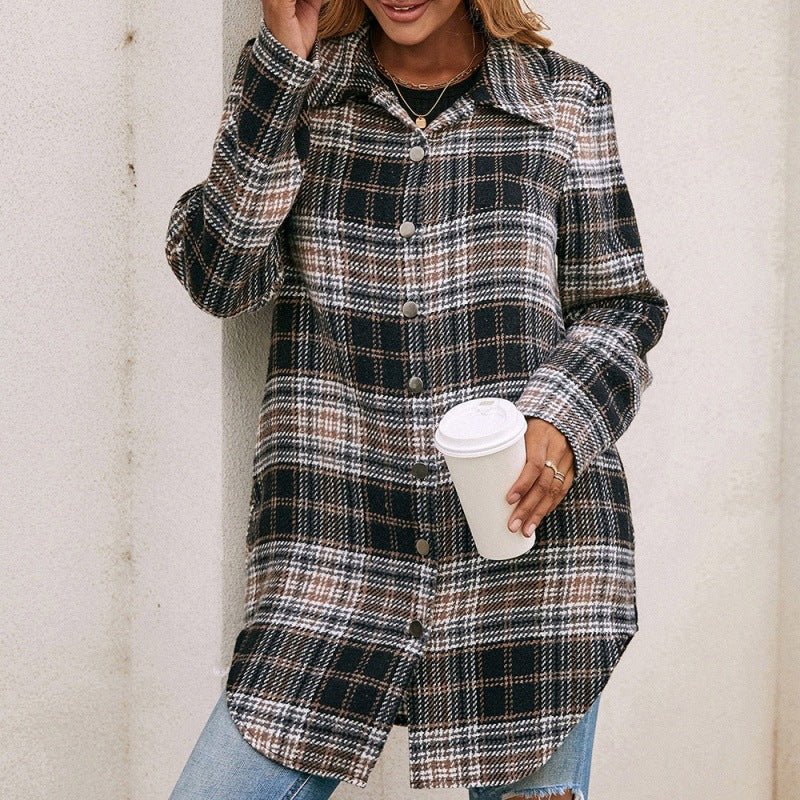 Women's Loose Casual Plush Plaid Shirt Jacket - Shirts -  Trend Goods