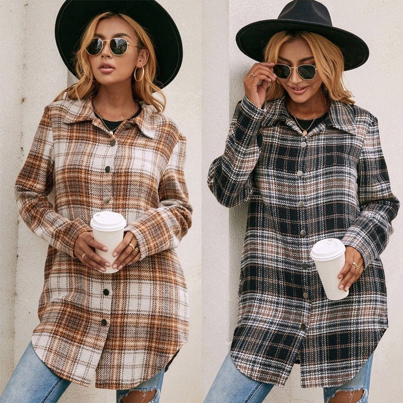 Women's Loose Casual Plush Plaid Shirt Jacket - Shirts -  Trend Goods