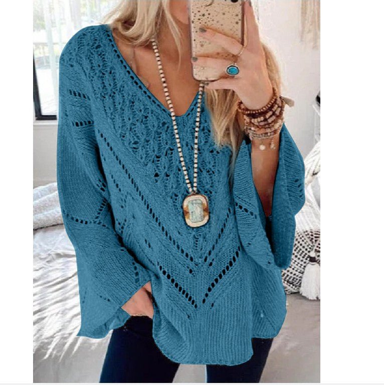 Women's Solid Color Cutout V-Neck Flared Sleeve Knit Sweater - Sweaters -  Trend Goods