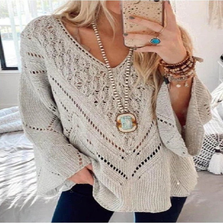Women's Solid Color Cutout V-Neck Flared Sleeve Knit Sweater - Sweaters -  Trend Goods